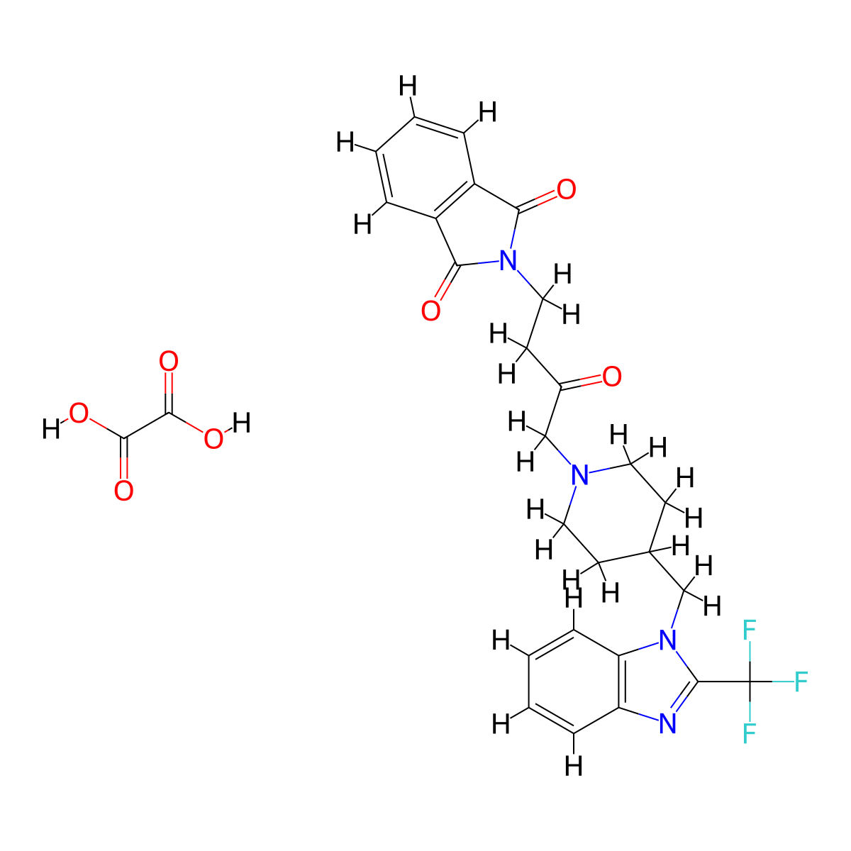 2-(3-oxo-4-(4-((2-(trifluoromethyl)-1H-benzo[d]imidazol-1-yl)methyl)piperidin-1-yl)butyl)isoindoline-1,3-dione oxalate molecular structure, CAS 1351613-80-3