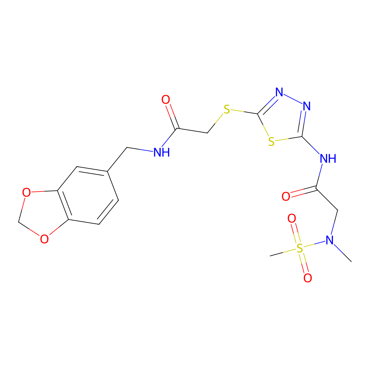 N-(benzo[d][1,3]dioxol-5-ylmethyl)-2-((5-(2-(N-methylmethylsulfonamido)acetamido)-1,3,4-thiadiazol-2-yl)thio)acetamide molecular structure, CAS 1351613-82-5