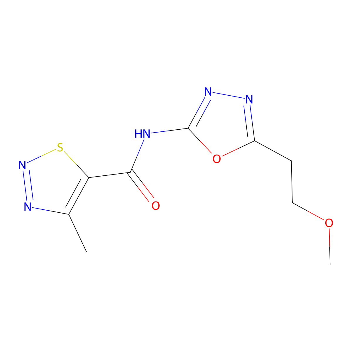N-[5-(2-methoxyethyl)-1,3,4-oxadiazol-2-yl]-4-methyl-1,2,3-thiadiazole-5-carboxamide molecular structure, CAS 1351613-83-6