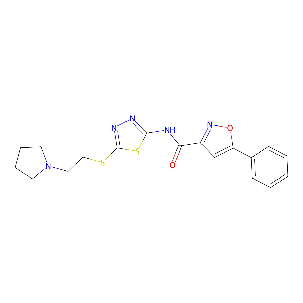 5-phenyl-N-(5-((2-(pyrrolidin-1-yl)ethyl)thio)-1,3,4-thiadiazol-2-yl)isoxazole-3-carboxamide molecular structure, CAS 1351614-00-0