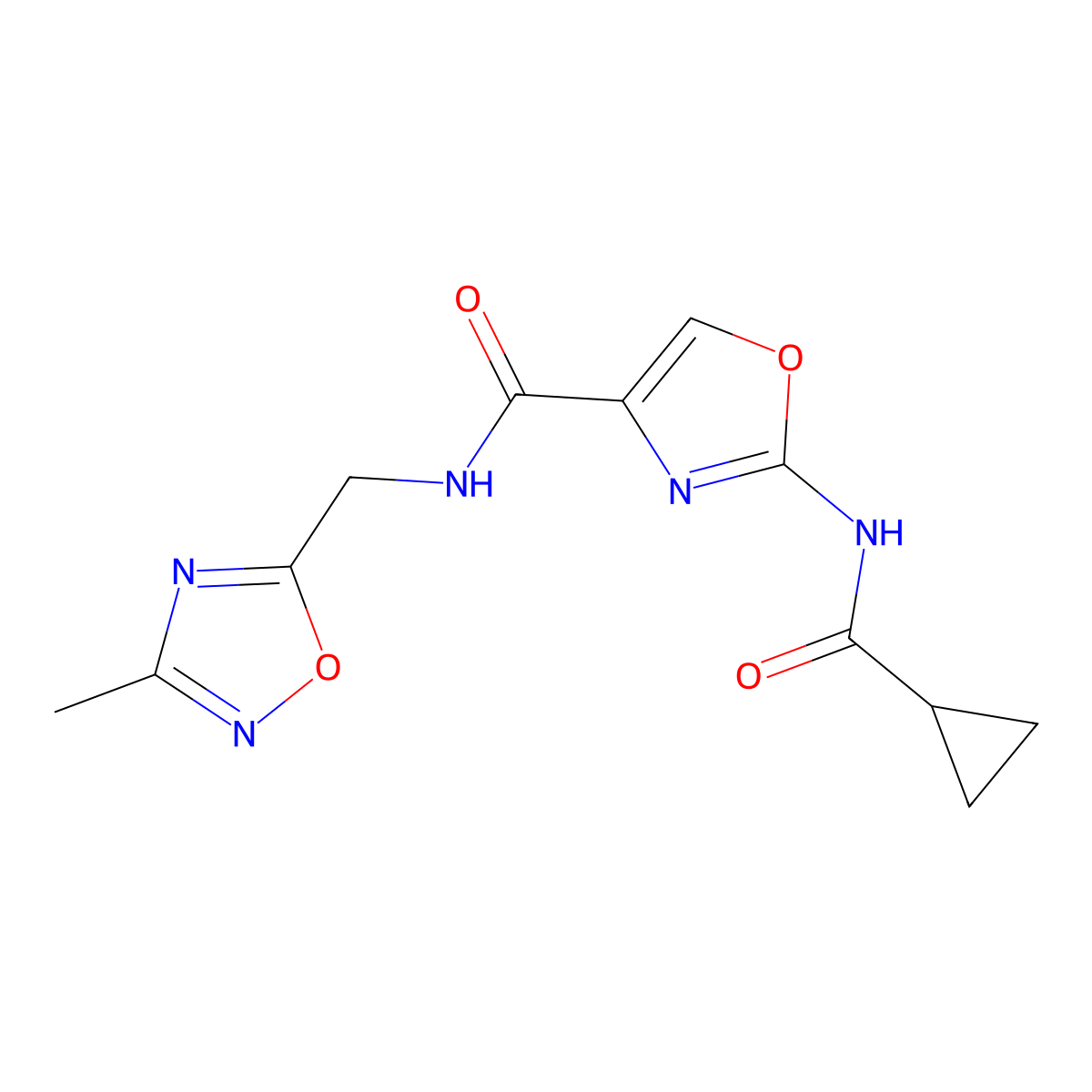 2-(cyclopropanecarboxamido)-N-((3-methyl-1,2,4-oxadiazol-5-yl)methyl)oxazole-4-carboxamide molecular structure, CAS 1351614-13-5