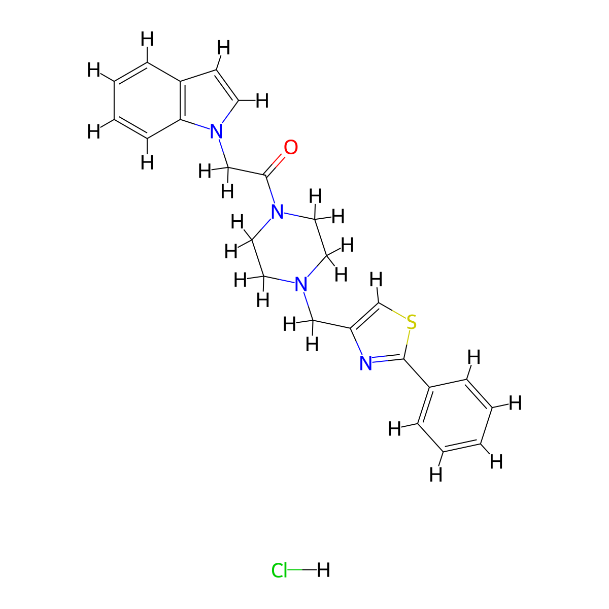 2-(1H-indol-1-yl)-1-(4-((2-phenylthiazol-4-yl)methyl)piperazin-1-yl)ethanone hydrochloride molecular structure, CAS 1351614-18-0