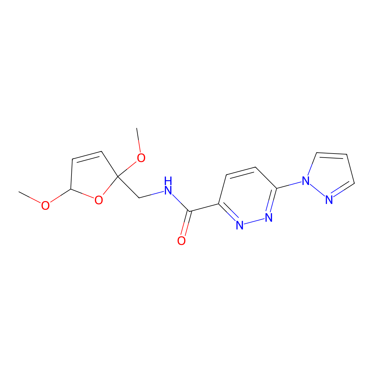 N-((2,5-dimethoxy-2,5-dihydrofuran-2-yl)methyl)-6-(1H-pyrazol-1-yl)pyridazine-3-carboxamide molecular structure, CAS 1351614-19-1
