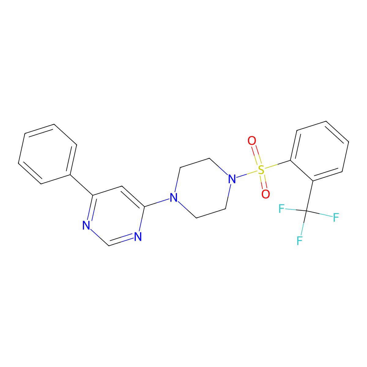4-Phenyl-6-(4-((2-(trifluoromethyl)phenyl)sulfonyl)piperazin-1-yl)pyrimidine molecular structure, CAS 1351614-35-1