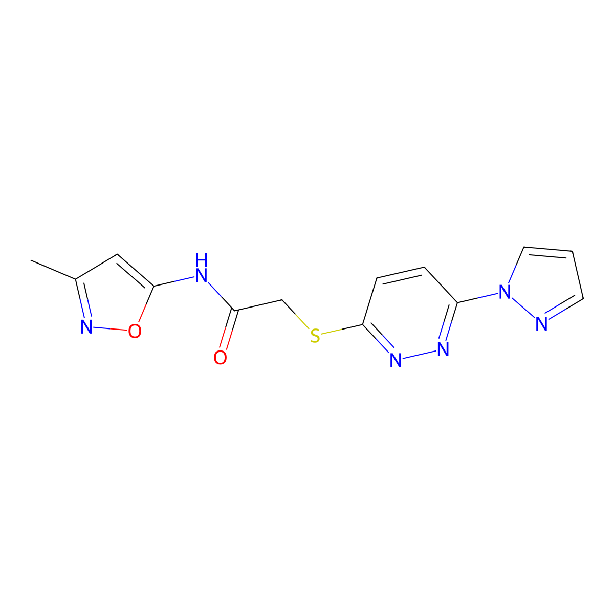 2-((6-(1H-pyrazol-1-yl)pyridazin-3-yl)thio)-N-(3-methylisoxazol-5-yl)acetamide molecular structure, CAS 1351614-41-9