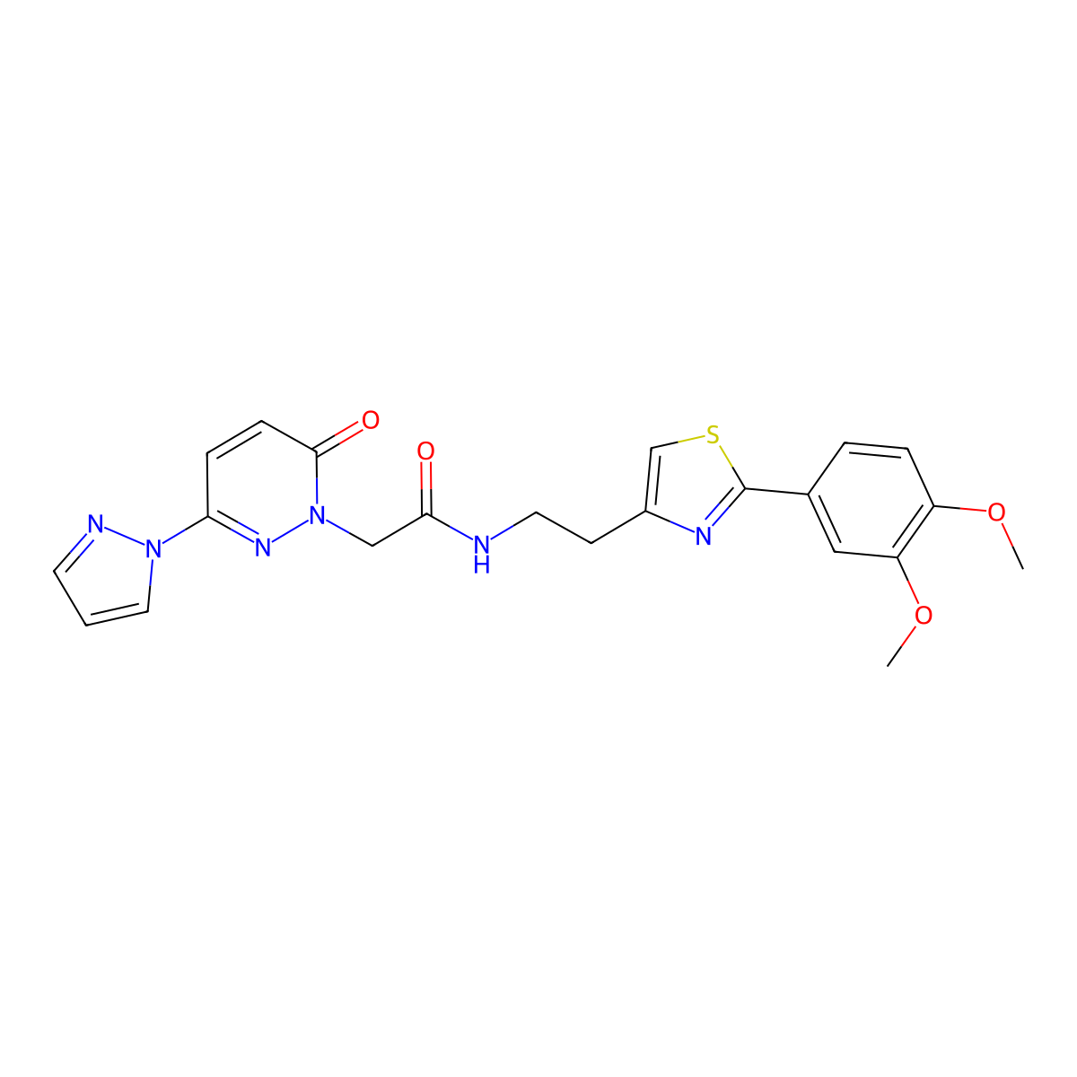 N-(2-(2-(3,4-dimethoxyphenyl)thiazol-4-yl)ethyl)-2-(6-oxo-3-(1H-pyrazol-1-yl)pyridazin-1(6H)-yl)acetamide molecular structure, CAS 1351614-45-3