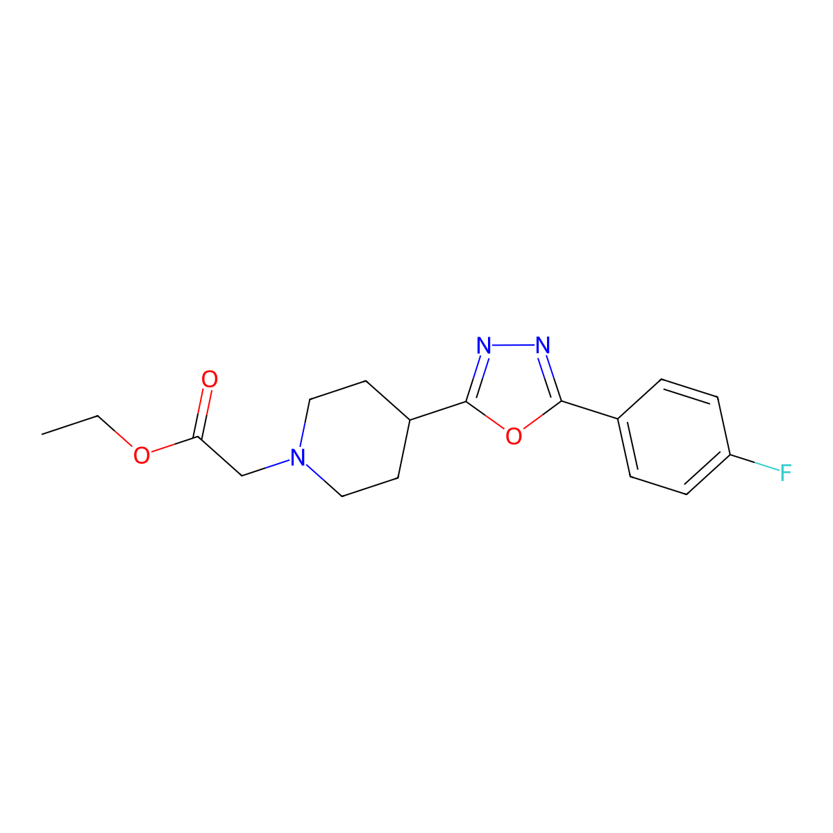 Ethyl 2-(4-(5-(4-fluorophenyl)-1,3,4-oxadiazol-2-yl)piperidin-1-yl)acetate molecular structure, CAS 1351614-50-0