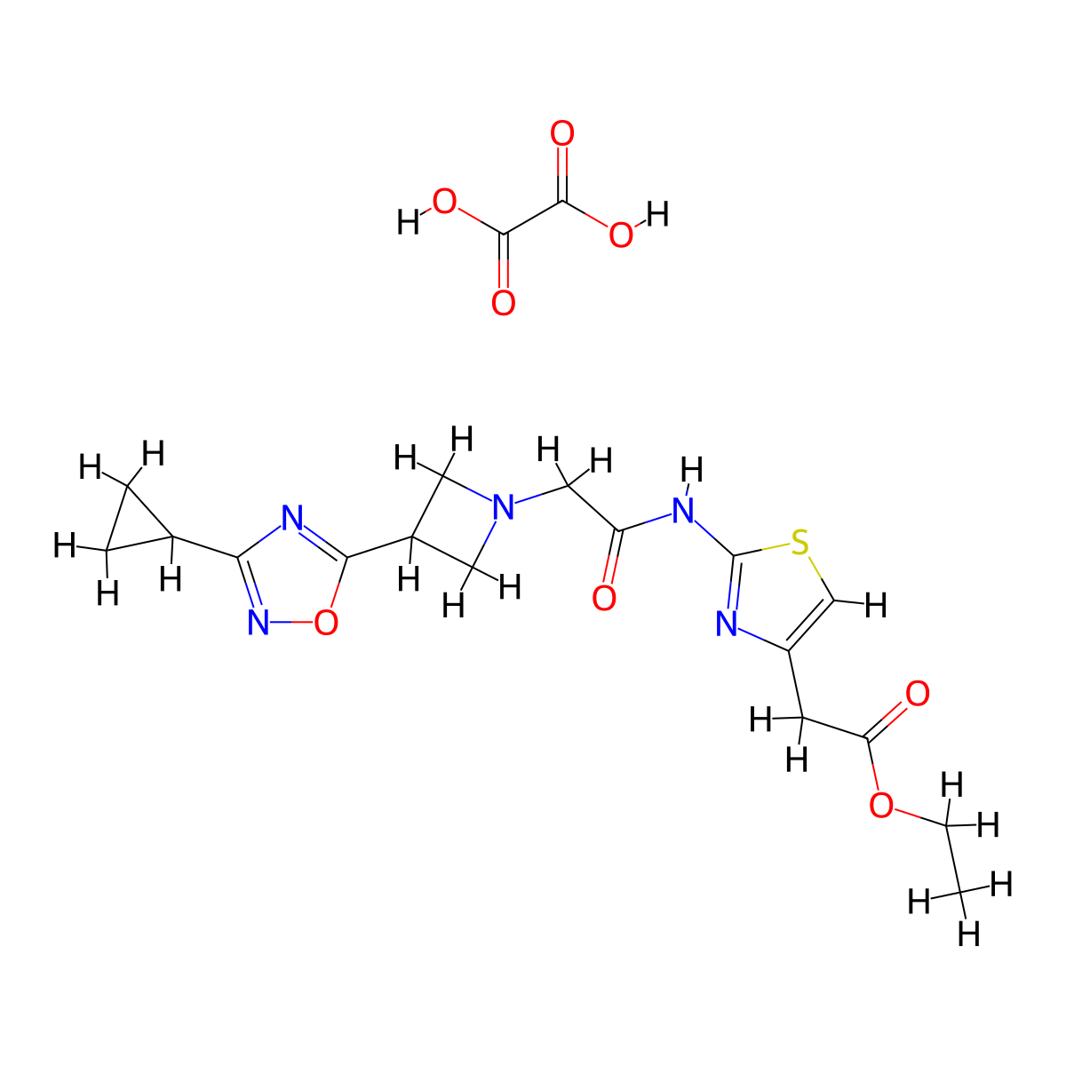 Ethyl 2-(2-(2-(3-(3-cyclopropyl-1,2,4-oxadiazol-5-yl)azetidin-1-yl)acetamido)thiazol-4-yl)acetate oxalate molecular structure, CAS 1351614-56-6