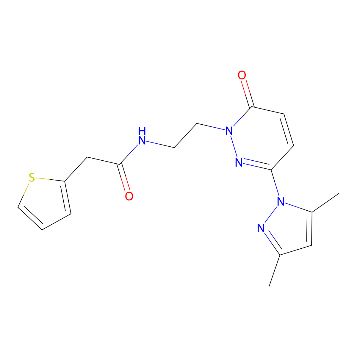 N-(2-(3-(3,5-dimethyl-1H-pyrazol-1-yl)-6-oxopyridazin-1(6H)-yl)ethyl)-2-(thiophen-2-yl)acetamide molecular structure, CAS 1351614-57-7