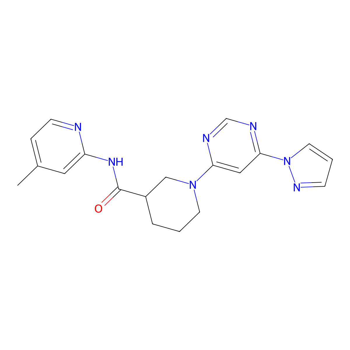 1-(6-(1H-pyrazol-1-yl)pyrimidin-4-yl)-N-(4-methylpyridin-2-yl)piperidine-3-carboxamide molecular structure, CAS 1351614-84-0