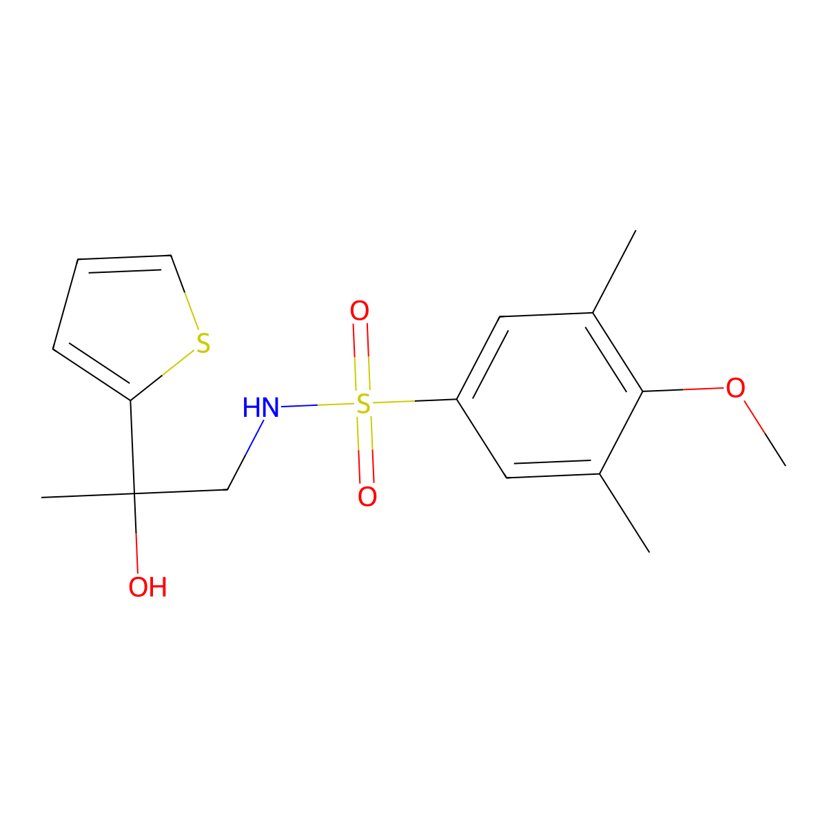 N-(2-hydroxy-2-(thiophen-2-yl)propyl)-4-methoxy-3,5-dimethylbenzenesulfonamide molecular structure, CAS 1351614-91-9