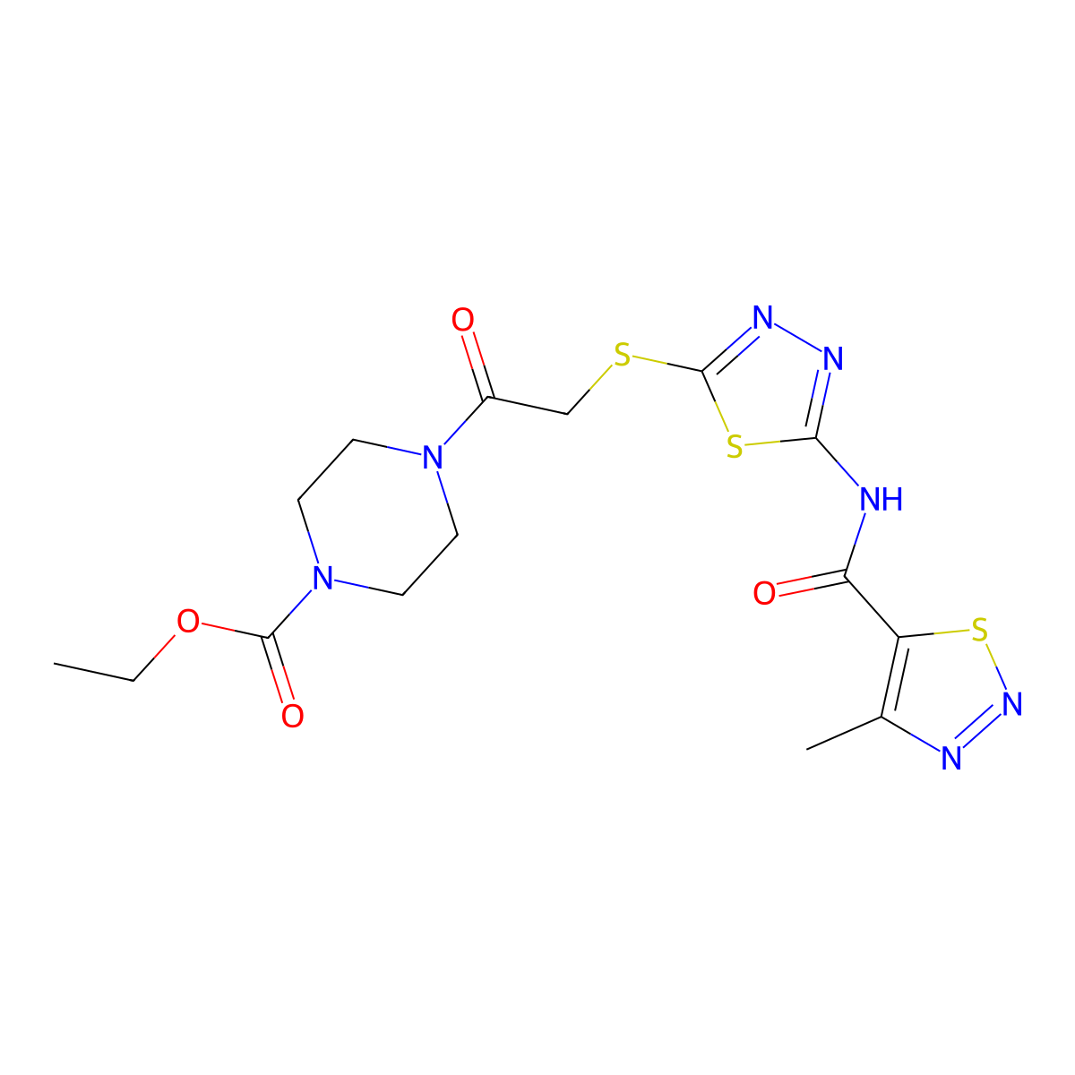 Ethyl 4-(2-((5-(4-methyl-1,2,3-thiadiazole-5-carboxamido)-1,3,4-thiadiazol-2-yl)thio)acetyl)piperazine-1-carboxylate molecular structure, CAS 1351614-94-2