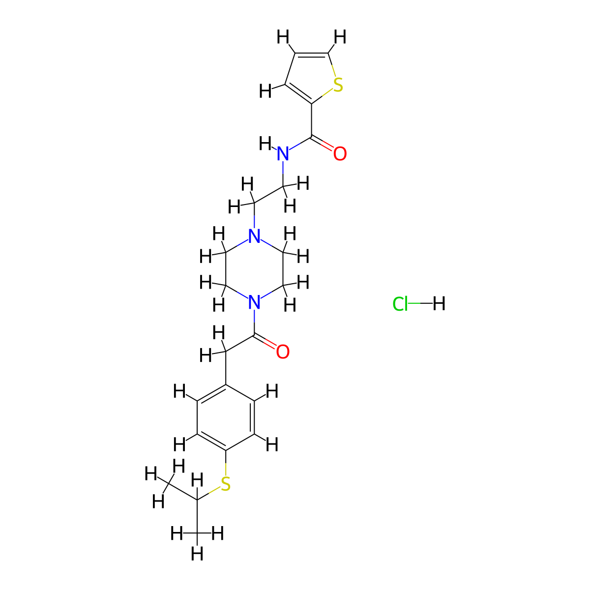 N-(2-(4-(2-(4-(isopropylthio)phenyl)acetyl)piperazin-1-yl)ethyl)thiophene-2-carboxamide hydrochloride molecular structure, CAS 1351614-95-3