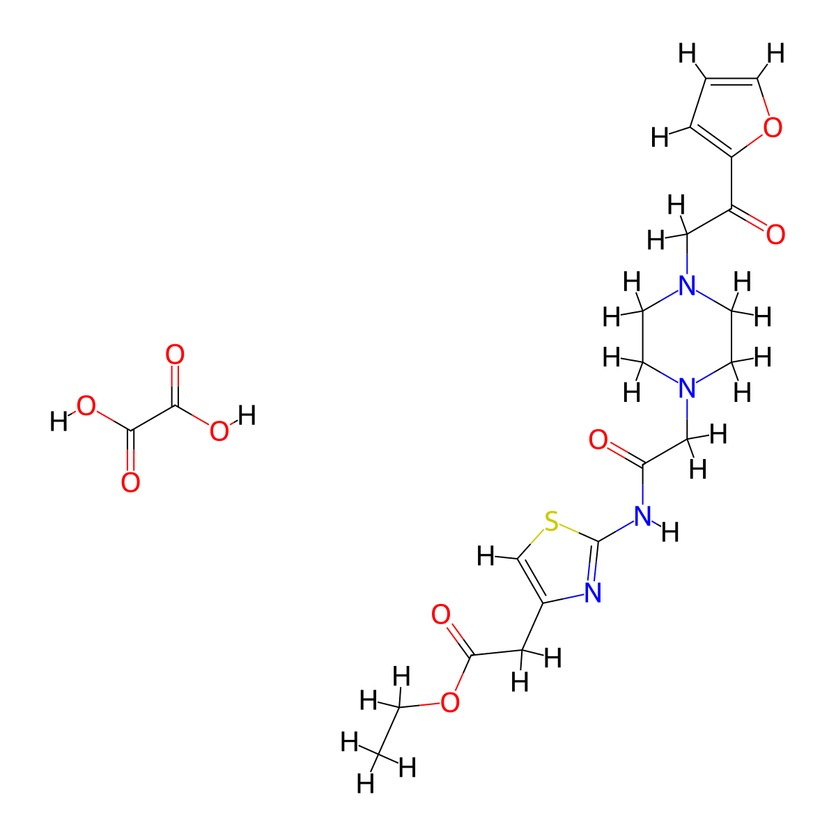Ethyl 2-(2-(2-(4-(2-(furan-2-yl)-2-oxoethyl)piperazin-1-yl)acetamido)thiazol-4-yl)acetate oxalate molecular structure, CAS 1351614-98-6