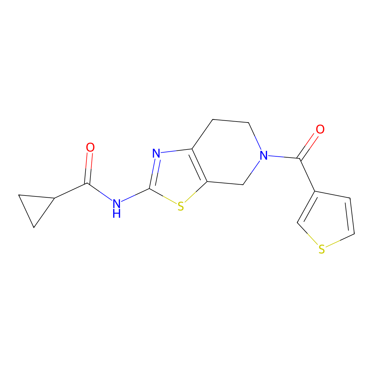 N-(5-(thiophene-3-carbonyl)-4,5,6,7-tetrahydrothiazolo[5,4-c]pyridin-2-yl)cyclopropanecarboxamide molecular structure, CAS 1351615-15-0