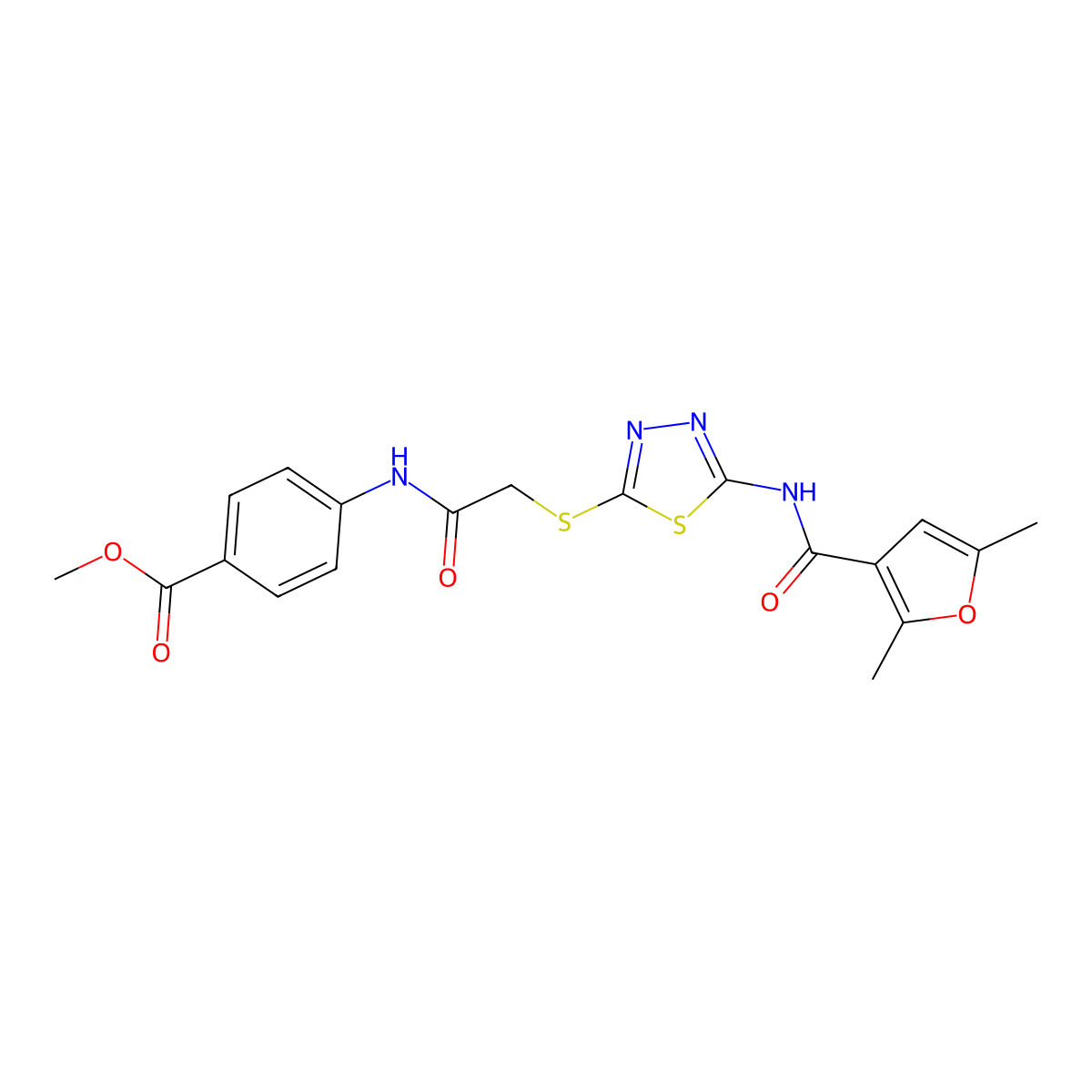 Methyl 4-(2-((5-(2,5-dimethylfuran-3-carboxamido)-1,3,4-thiadiazol-2-yl)thio)acetamido)benzoate molecular structure, CAS 1351615-17-2