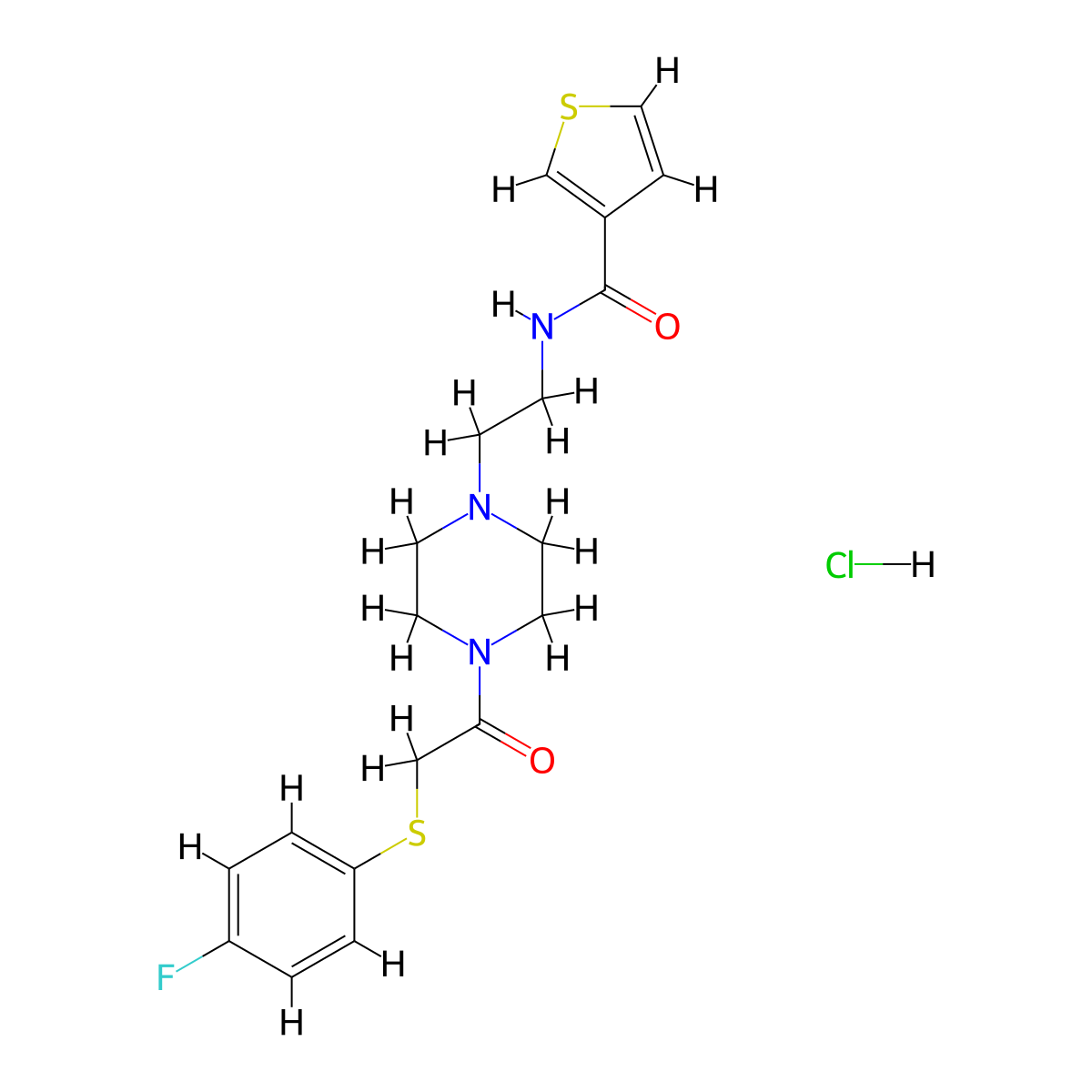 N-(2-(4-(2-((4-fluorophenyl)thio)acetyl)piperazin-1-yl)ethyl)thiophene-3-carboxamide hydrochloride molecular structure, CAS 1351615-18-3