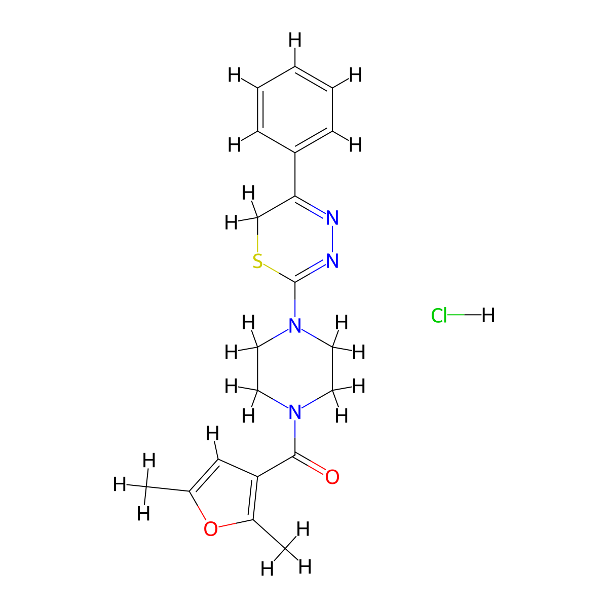 (2,5-dimethylfuran-3-yl)(4-(5-phenyl-6H-1,3,4-thiadiazin-2-yl)piperazin-1-yl)methanone hydrochloride molecular structure, CAS 1351615-26-3
