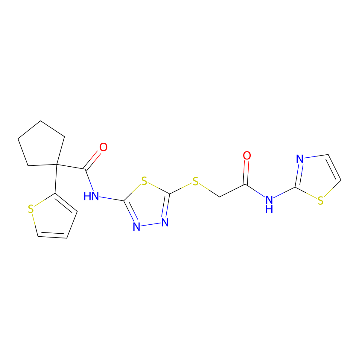 N-(5-((2-oxo-2-(thiazol-2-ylamino)ethyl)thio)-1,3,4-thiadiazol-2-yl)-1-(thiophen-2-yl)cyclopentanecarboxamide molecular structure, CAS 1351615-28-5