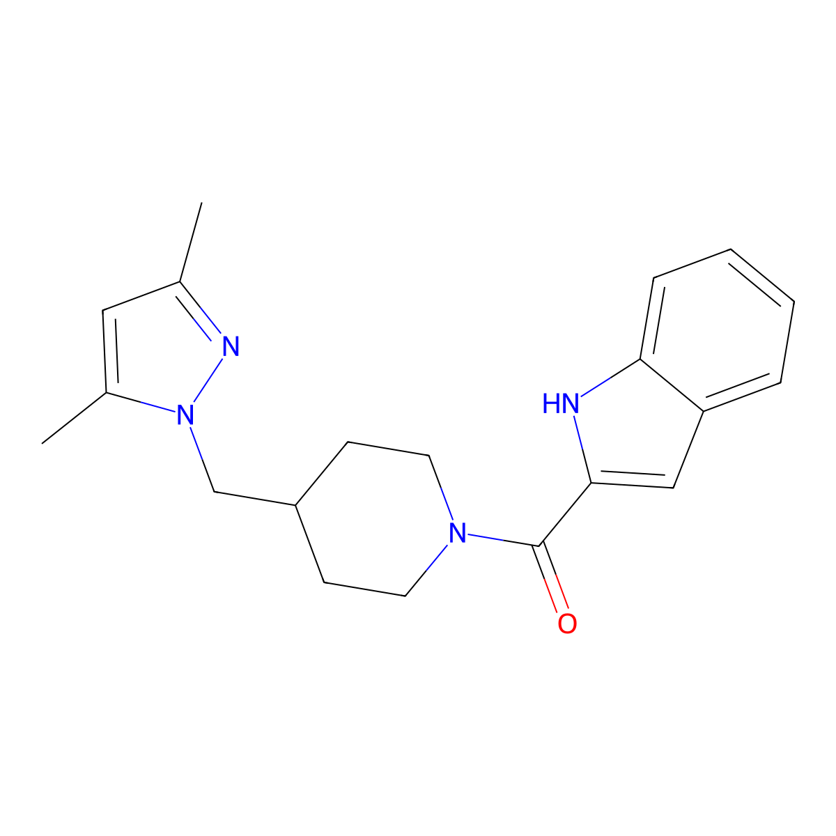 (4-((3,5-dimethyl-1H-pyrazol-1-yl)methyl)piperidin-1-yl)(1H-indol-2-yl)methanone molecular structure, CAS 1351615-29-6