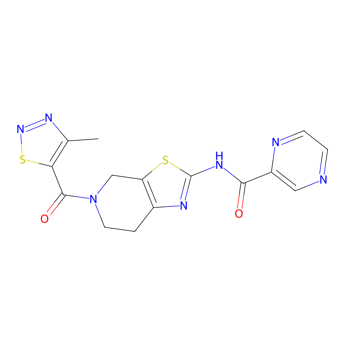 N-(5-(4-methyl-1,2,3-thiadiazole-5-carbonyl)-4,5,6,7-tetrahydrothiazolo[5,4-c]pyridin-2-yl)pyrazine-2-carboxamide molecular structure, CAS 1351615-30-9