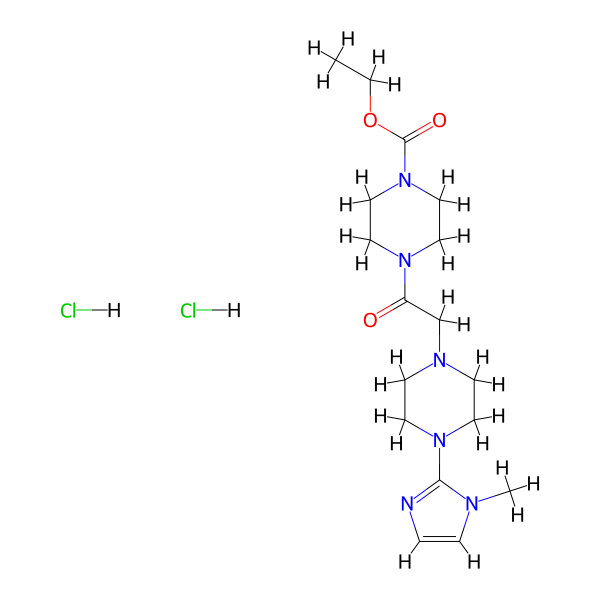 ethyl 4-(2-(4-(1-methyl-1H-imidazol-2-yl)piperazin-1-yl)acetyl)piperazine-1-carboxylate dihydrochloride molecular structure, CAS 1351615-35-4
