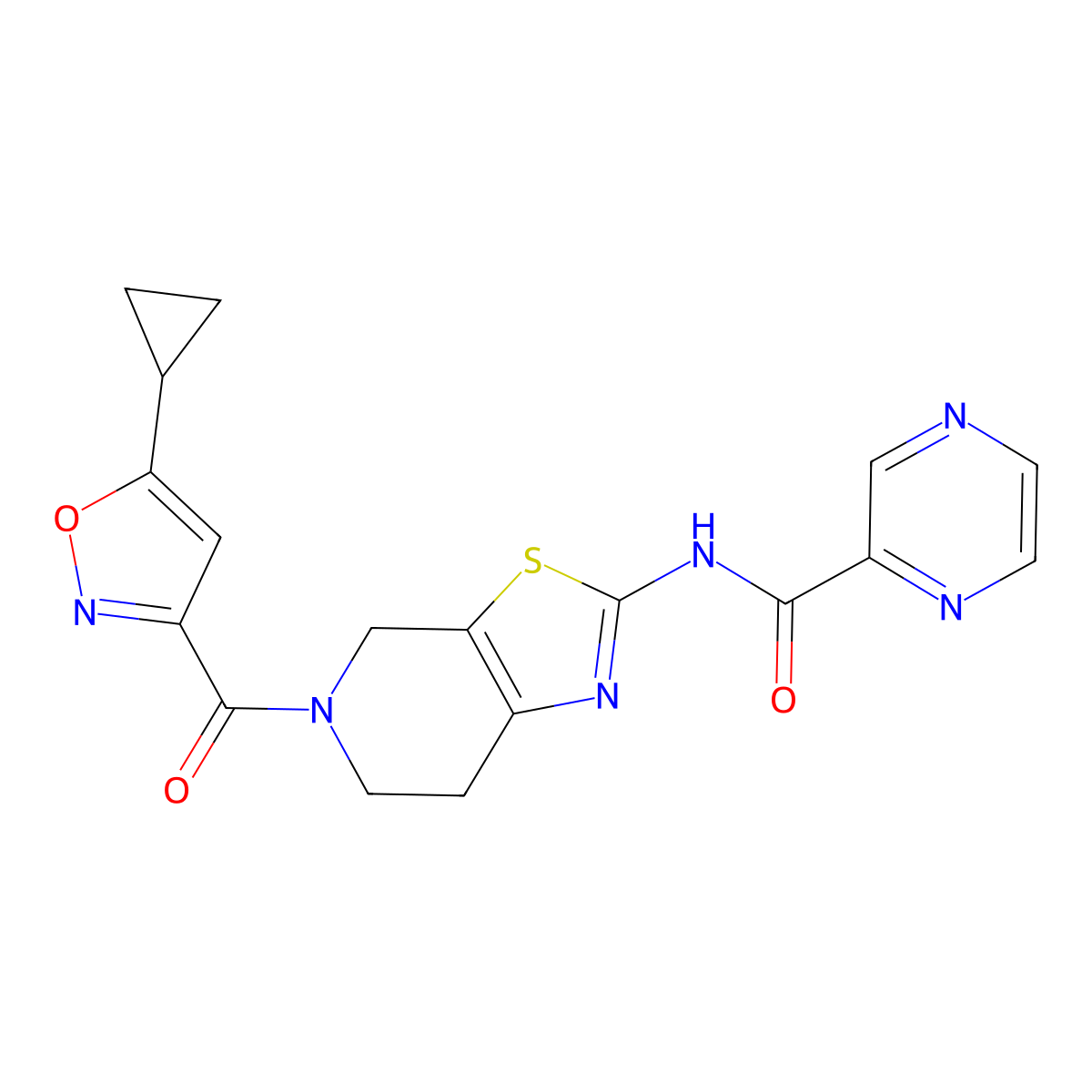 N-(5-(5-cyclopropylisoxazole-3-carbonyl)-4,5,6,7-tetrahydrothiazolo[5,4-c]pyridin-2-yl)pyrazine-2-carboxamide molecular structure, CAS 1351615-40-1