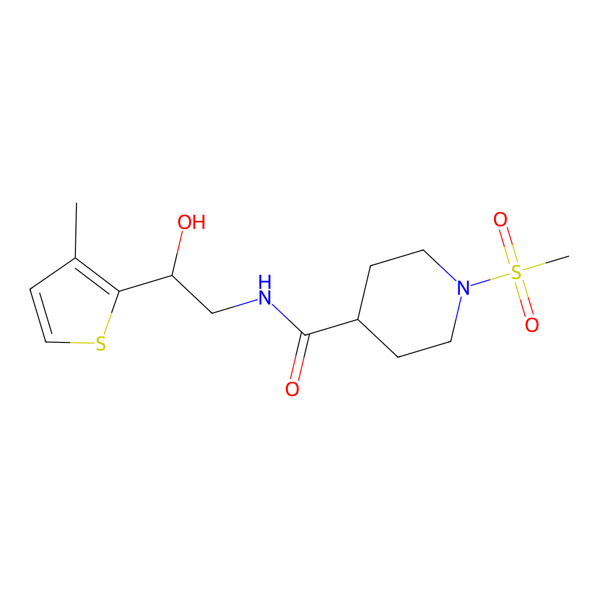 N-(2-hydroxy-2-(3-methylthiophen-2-yl)ethyl)-1-(methylsulfonyl)piperidine-4-carboxamide molecular structure, CAS 1351615-54-7
