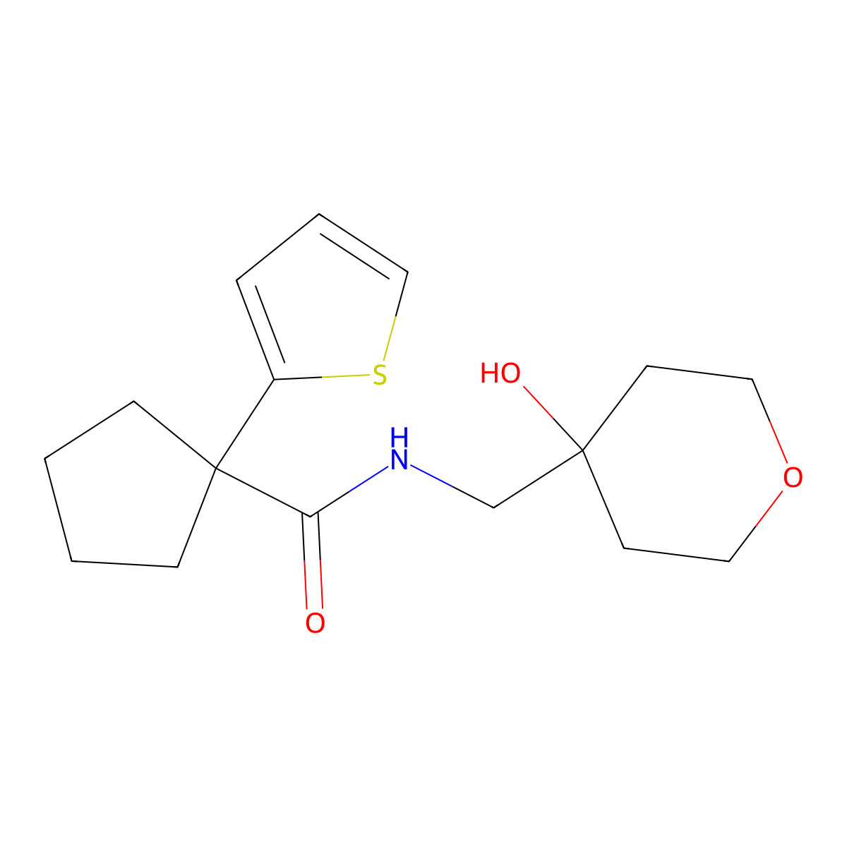 N-((4-hydroxytetrahydro-2H-pyran-4-yl)methyl)-1-(thiophen-2-yl)cyclopentanecarboxamide molecular structure, CAS 1351615-92-3