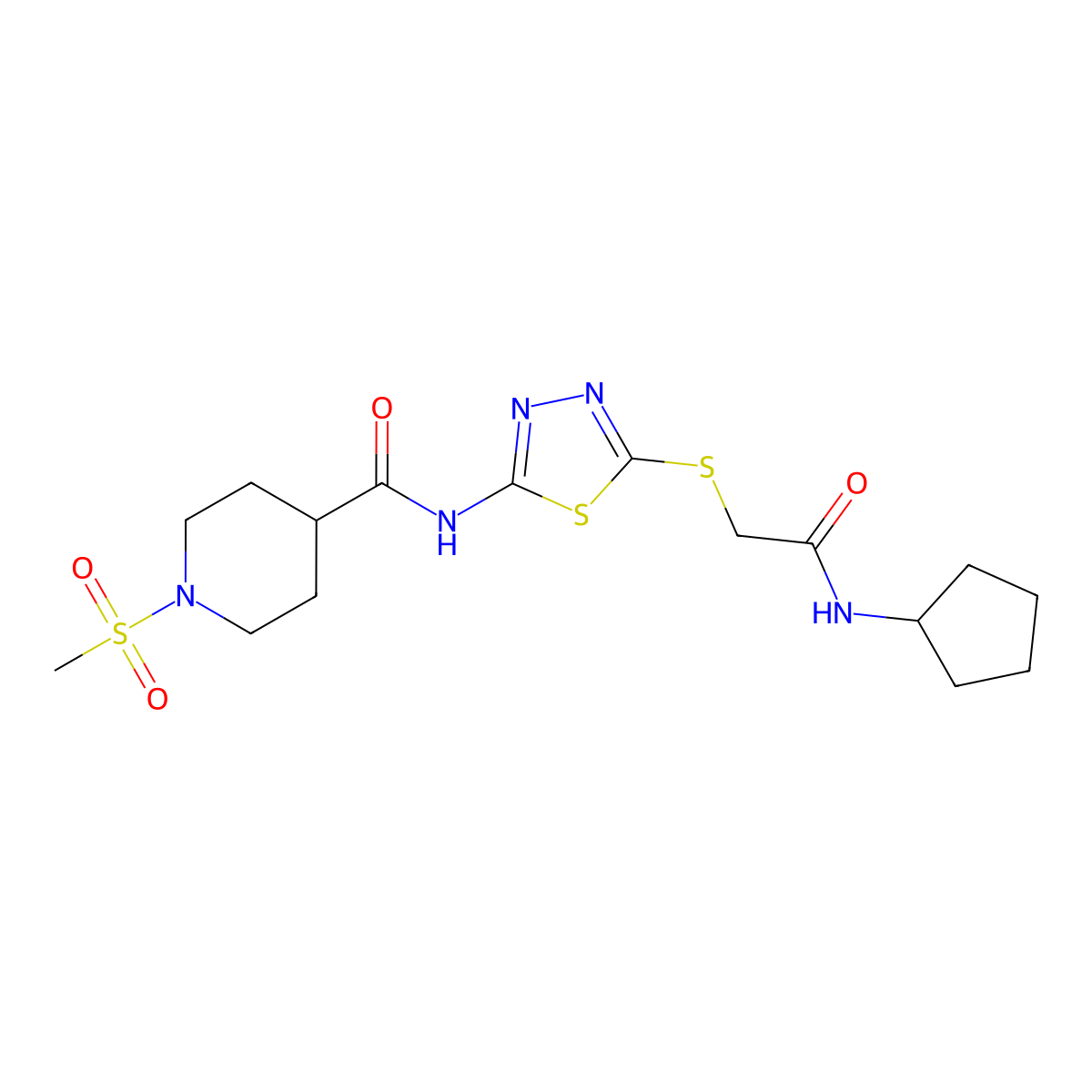 N-(5-((2-(cyclopentylamino)-2-oxoethyl)thio)-1,3,4-thiadiazol-2-yl)-1-(methylsulfonyl)piperidine-4-carboxamide molecular structure, CAS 1351616-10-8