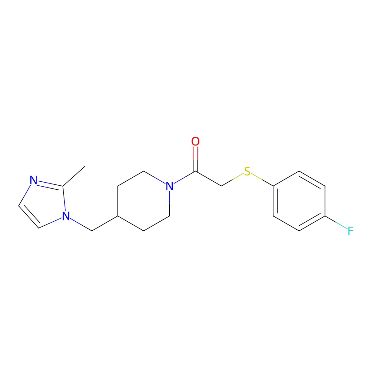 2-((4-fluorophenyl)thio)-1-(4-((2-methyl-1H-imidazol-1-yl)methyl)piperidin-1-yl)ethanone molecular structure, CAS 1351616-17-5