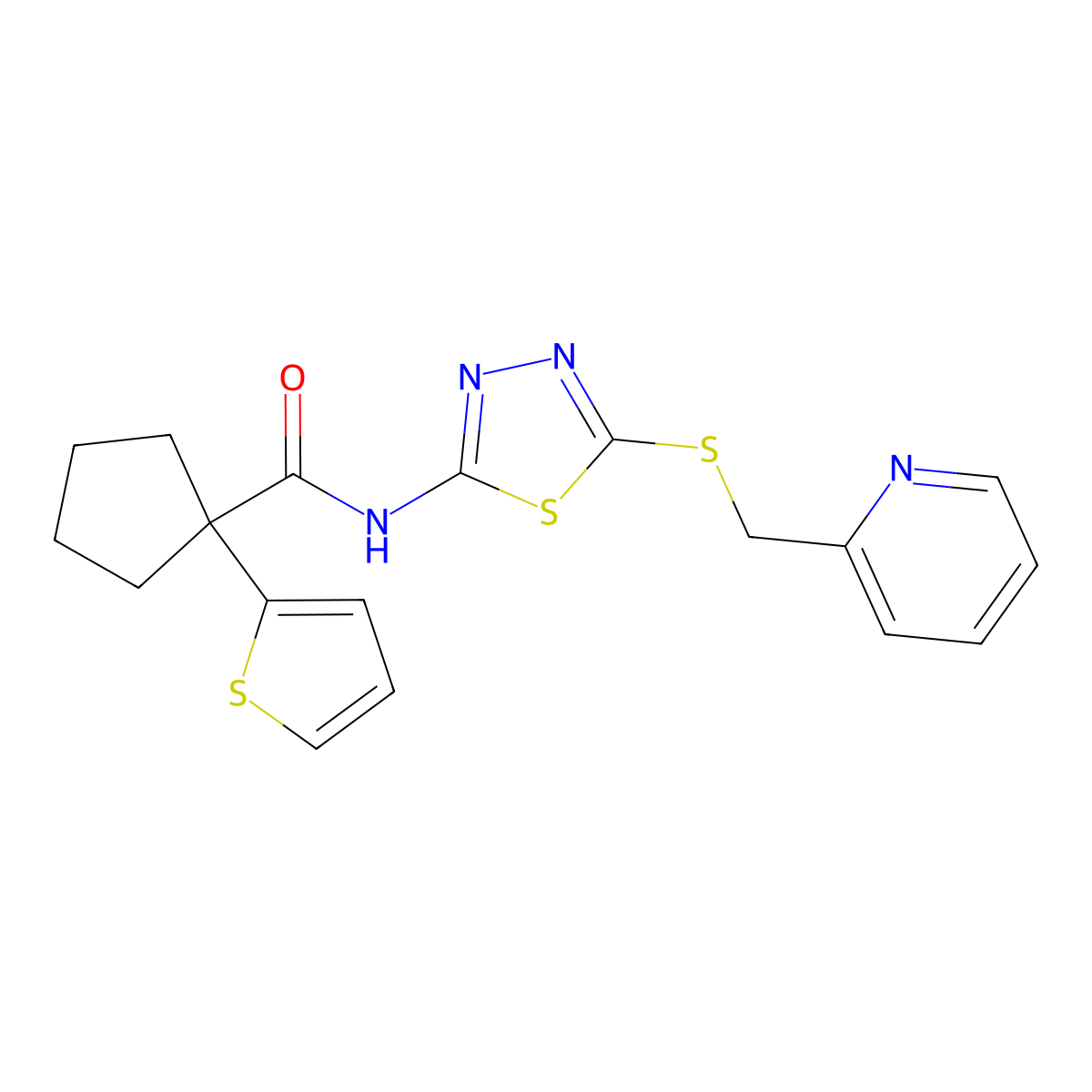 N-(5-((pyridin-2-ylmethyl)thio)-1,3,4-thiadiazol-2-yl)-1-(thiophen-2-yl)cyclopentanecarboxamide molecular structure, CAS 1351616-34-6