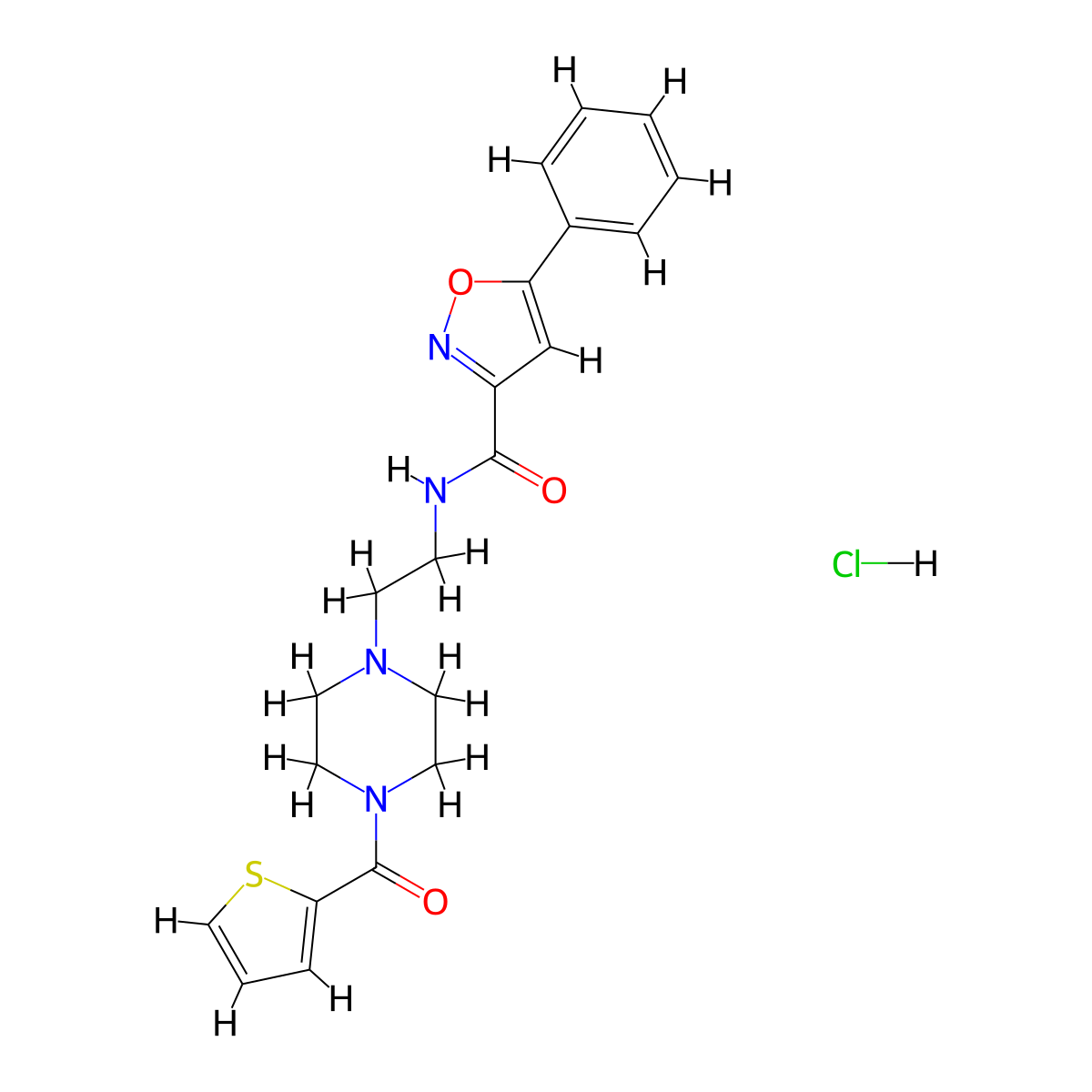 5-phenyl-N-(2-(4-(thiophene-2-carbonyl)piperazin-1-yl)ethyl)isoxazole-3-carboxamide hydrochloride molecular structure, CAS 1351616-49-3