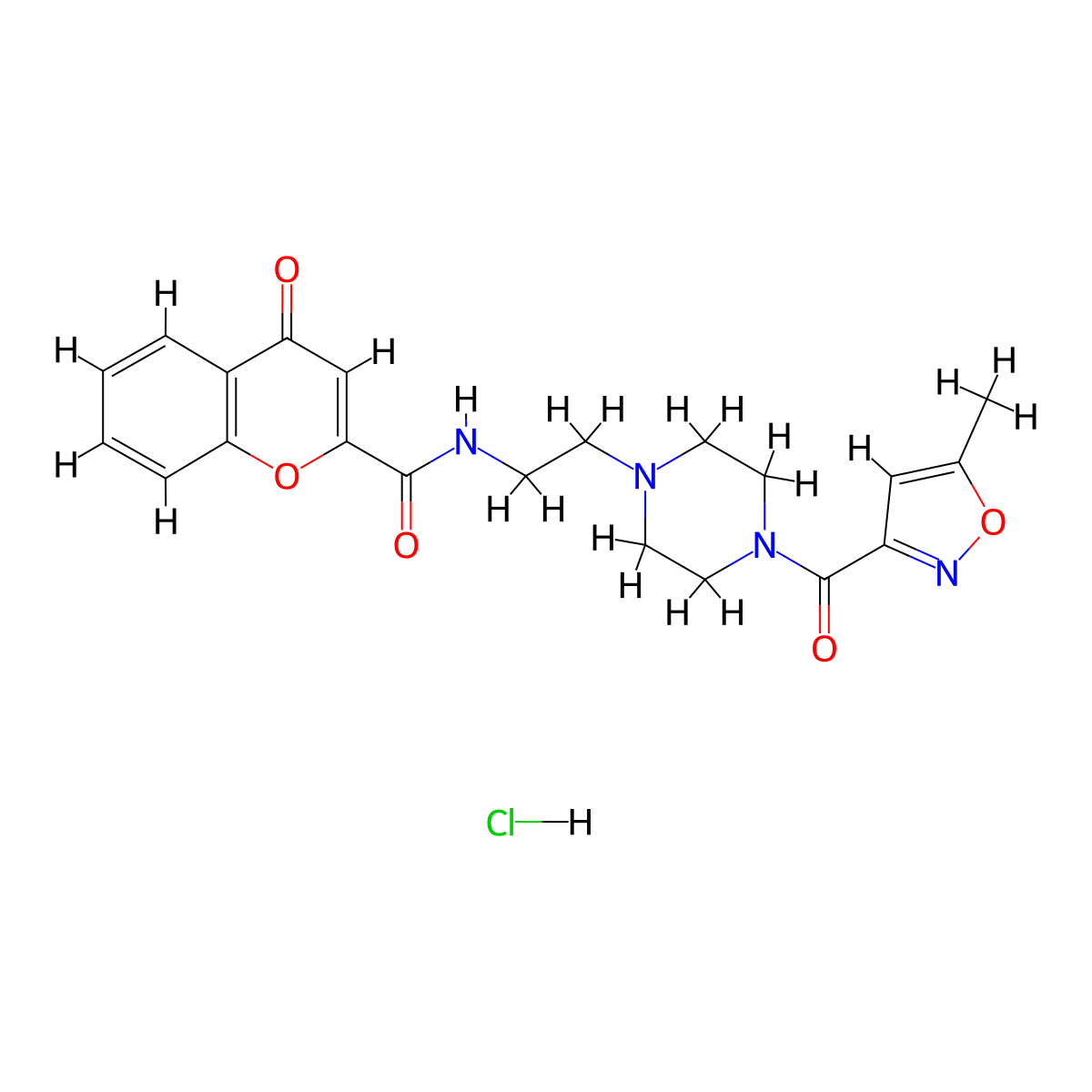N-(2-(4-(5-methylisoxazole-3-carbonyl)piperazin-1-yl)ethyl)-4-oxo-4H-chromene-2-carboxamide hydrochloride molecular structure, CAS 1351616-59-5