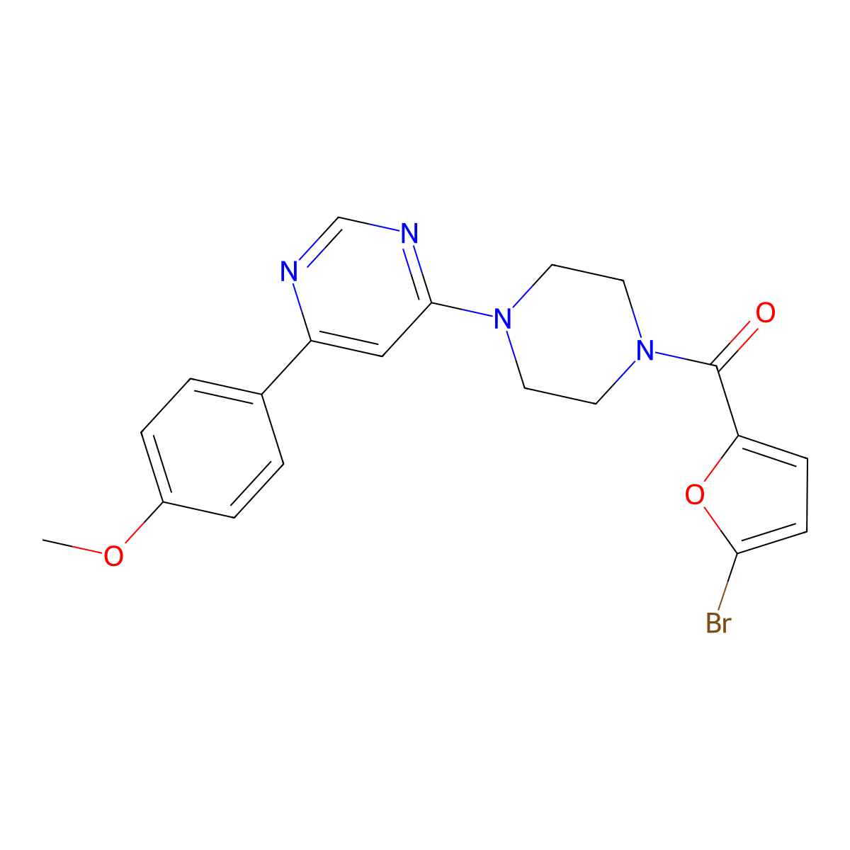 (5-Bromofuran-2-yl)(4-(6-(4-methoxyphenyl)pyrimidin-4-yl)piperazin-1-yl)methanone molecular structure, CAS 1351616-82-4
