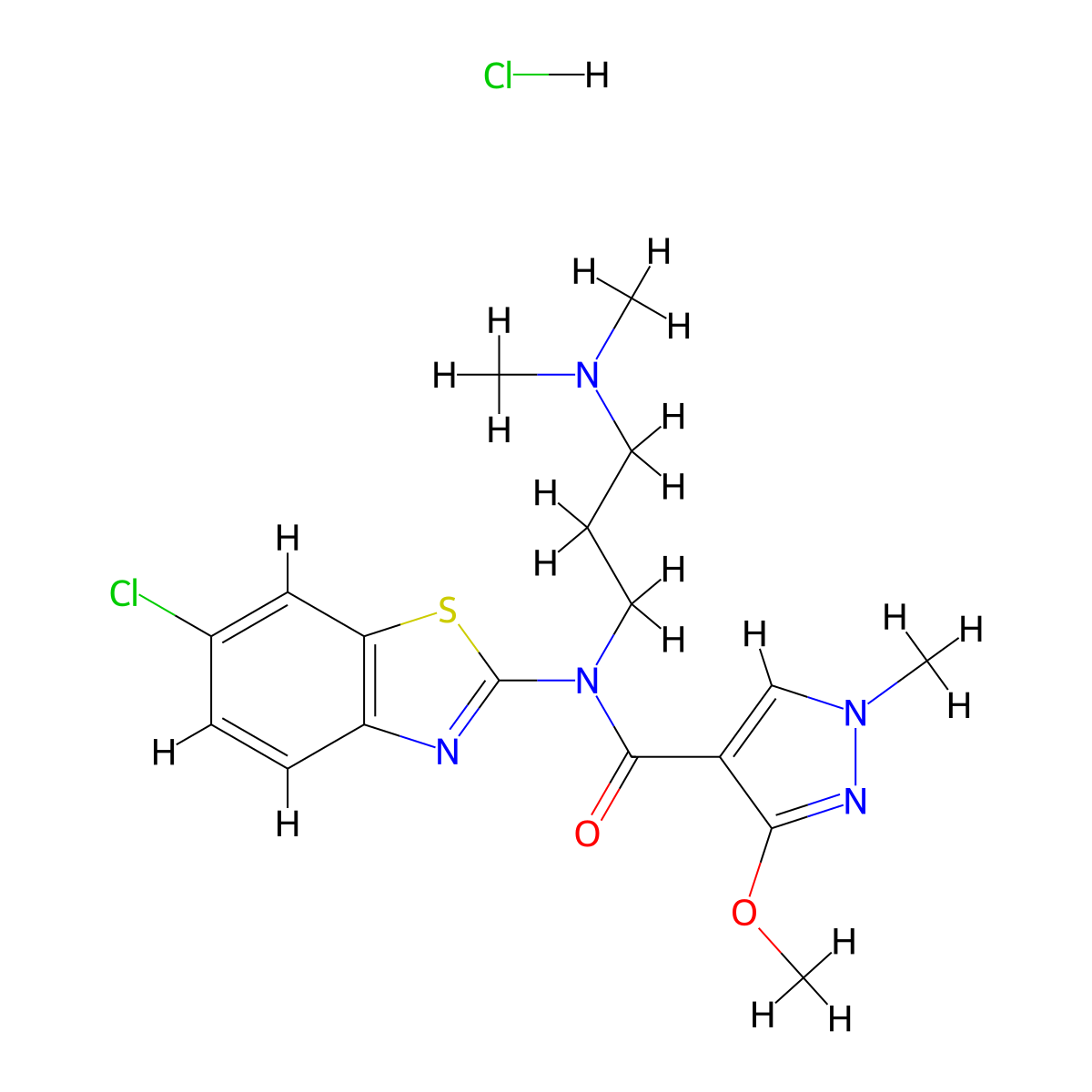 N-(6-chlorobenzo[d]thiazol-2-yl)-N-(3-(dimethylamino)propyl)-3-methoxy-1-methyl-1H-pyrazole-4-carboxamide hydrochloride molecular structure, CAS 1351617-50-9