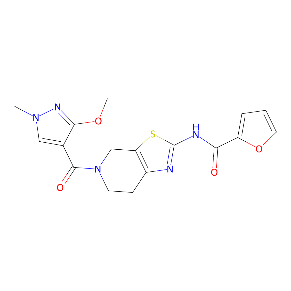 N-(5-(3-methoxy-1-methyl-1H-pyrazole-4-carbonyl)-4,5,6,7-tetrahydrothiazolo[5,4-c]pyridin-2-yl)furan-2-carboxamide molecular structure, CAS 1351617-60-1