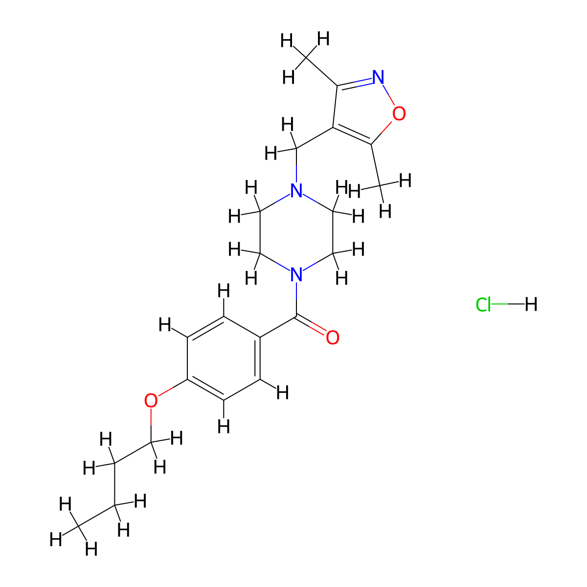 (4-Butoxyphenyl)(4-((3,5-dimethylisoxazol-4-yl)methyl)piperazin-1-yl)methanone hydrochloride molecular structure, CAS 1351617-71-4
