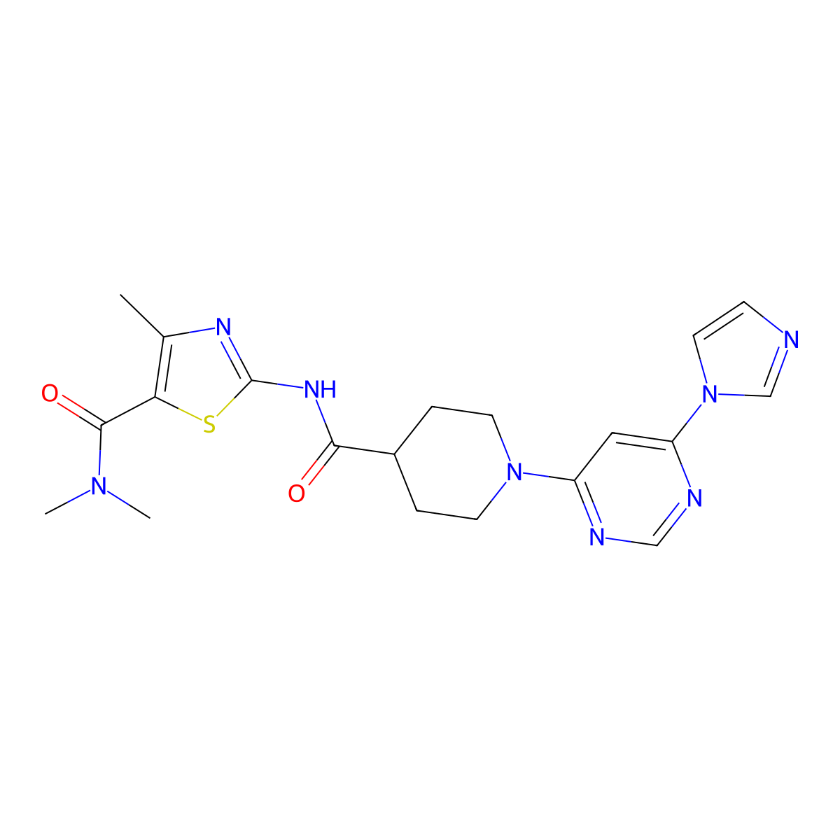 2-(1-(6-(1H-imidazol-1-yl)pyrimidin-4-yl)piperidine-4-carboxamido)-N,N,4-trimethylthiazole-5-carboxamide molecular structure, CAS 1351617-77-0
