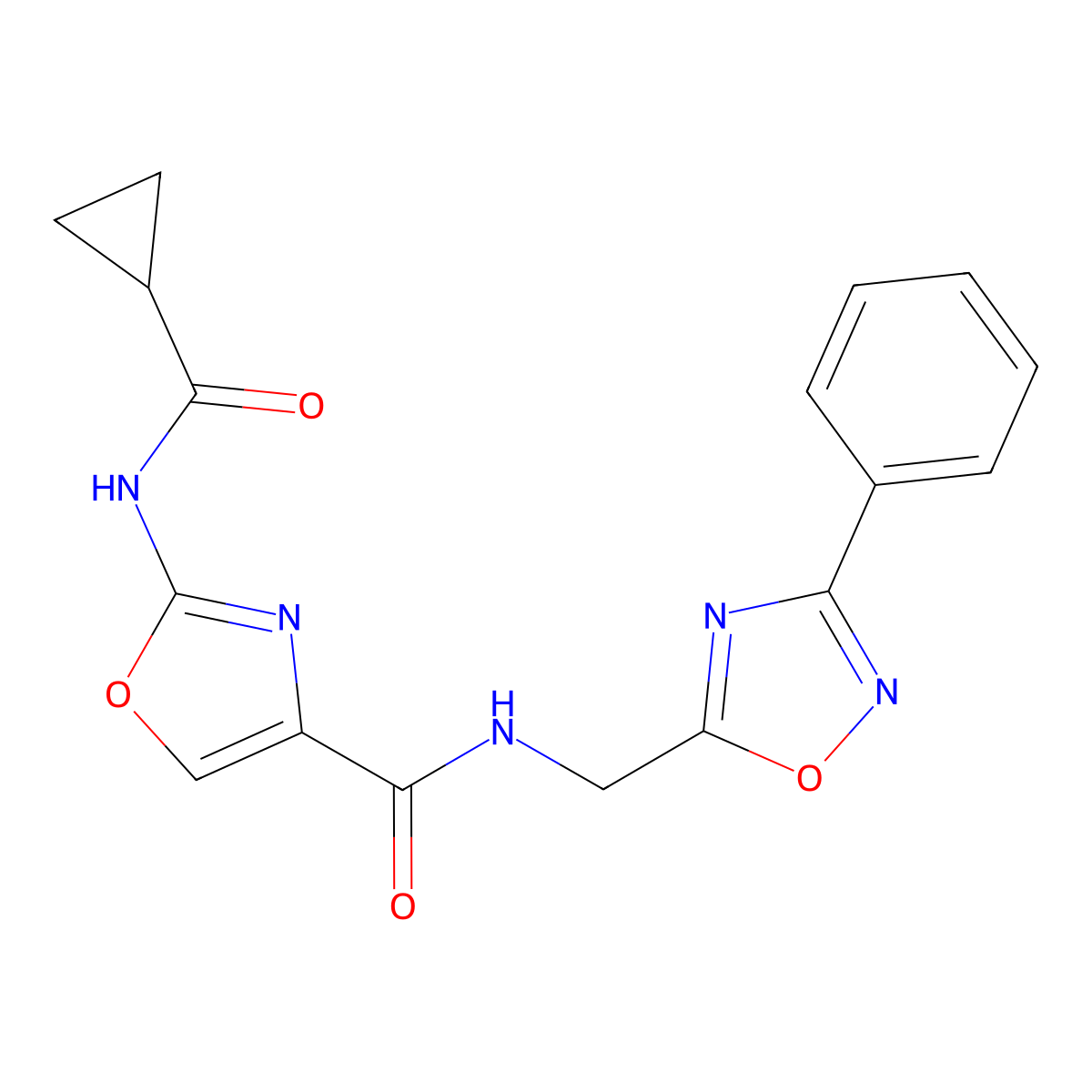 2-(cyclopropanecarboxamido)-N-((3-phenyl-1,2,4-oxadiazol-5-yl)methyl)oxazole-4-carboxamide molecular structure, CAS 1351617-80-5
