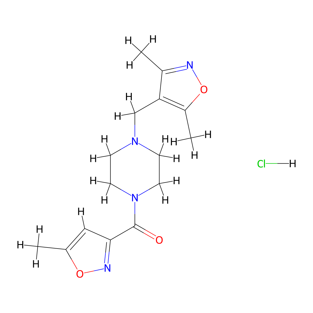(4-((3,5-Dimethylisoxazol-4-yl)methyl)piperazin-1-yl)(5-methylisoxazol-3-yl)methanone hydrochloride molecular structure, CAS 1351617-92-9
