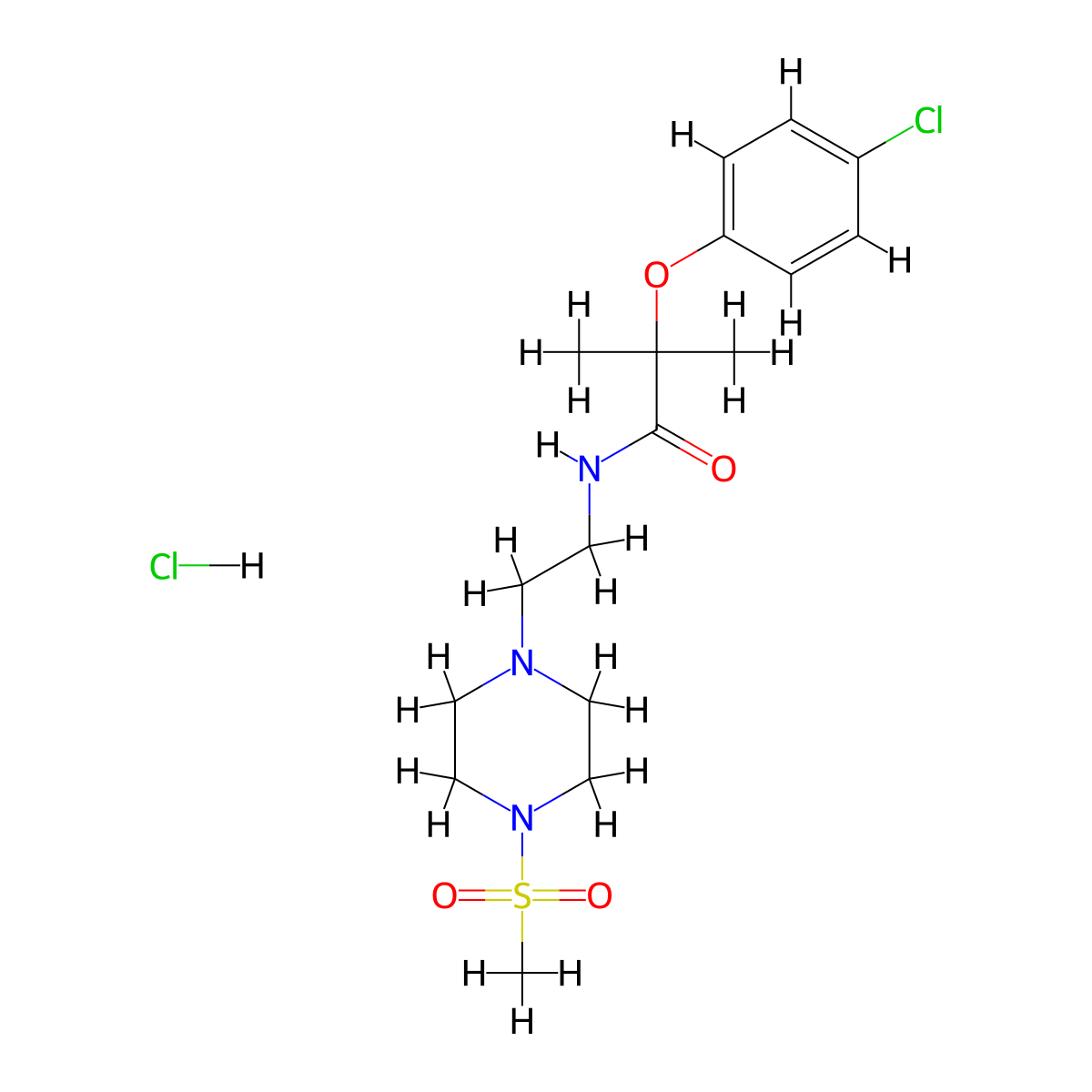 2-(4-chlorophenoxy)-2-methyl-N-(2-(4-(methylsulfonyl)piperazin-1-yl)ethyl)propanamide hydrochloride molecular structure, CAS 1351618-09-1