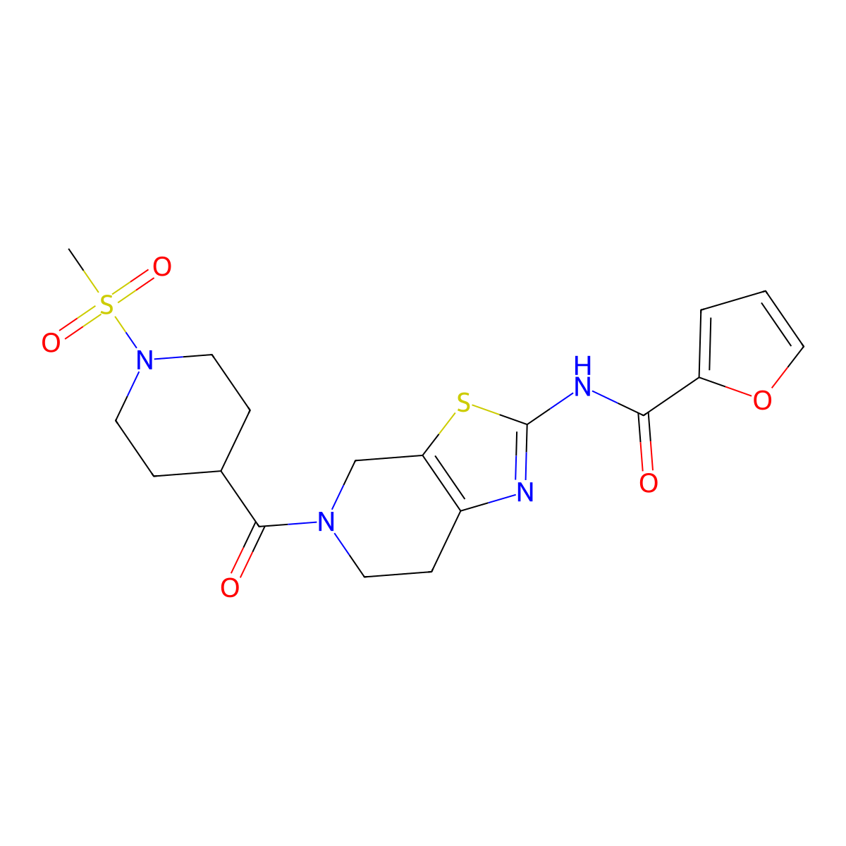 N-(5-(1-(methylsulfonyl)piperidine-4-carbonyl)-4,5,6,7-tetrahydrothiazolo[5,4-c]pyridin-2-yl)furan-2-carboxamide molecular structure, CAS 1351618-16-0