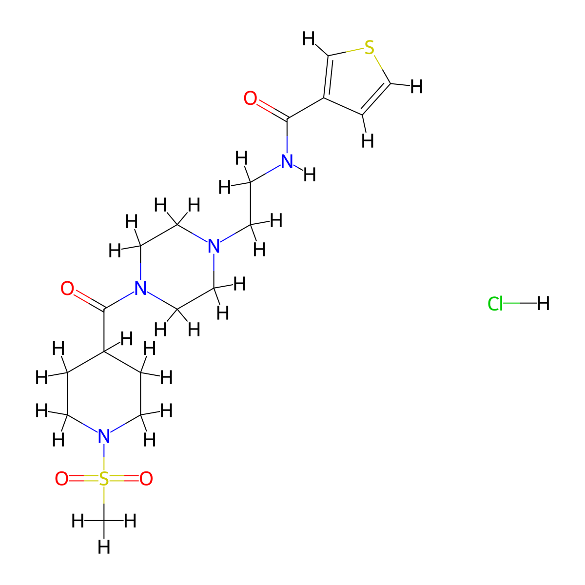 N-(2-(4-(1-(methylsulfonyl)piperidine-4-carbonyl)piperazin-1-yl)ethyl)thiophene-3-carboxamide hydrochloride molecular structure, CAS 1351618-18-2