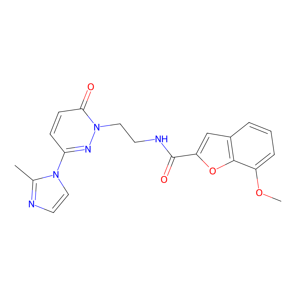 7-methoxy-N-(2-(3-(2-methyl-1H-imidazol-1-yl)-6-oxopyridazin-1(6H)-yl)ethyl)benzofuran-2-carboxamide molecular structure, CAS 1351618-23-9