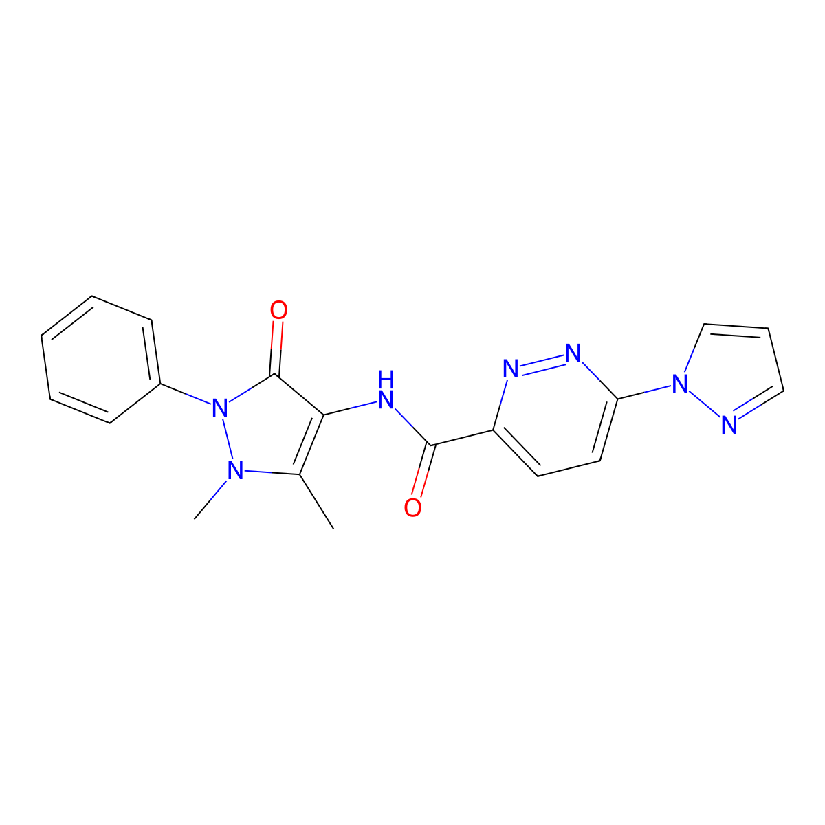 N-(1,5-dimethyl-3-oxo-2-phenyl-2,3-dihydro-1H-pyrazol-4-yl)-6-(1H-pyrazol-1-yl)pyridazine-3-carboxamide molecular structure, CAS 1351618-31-9