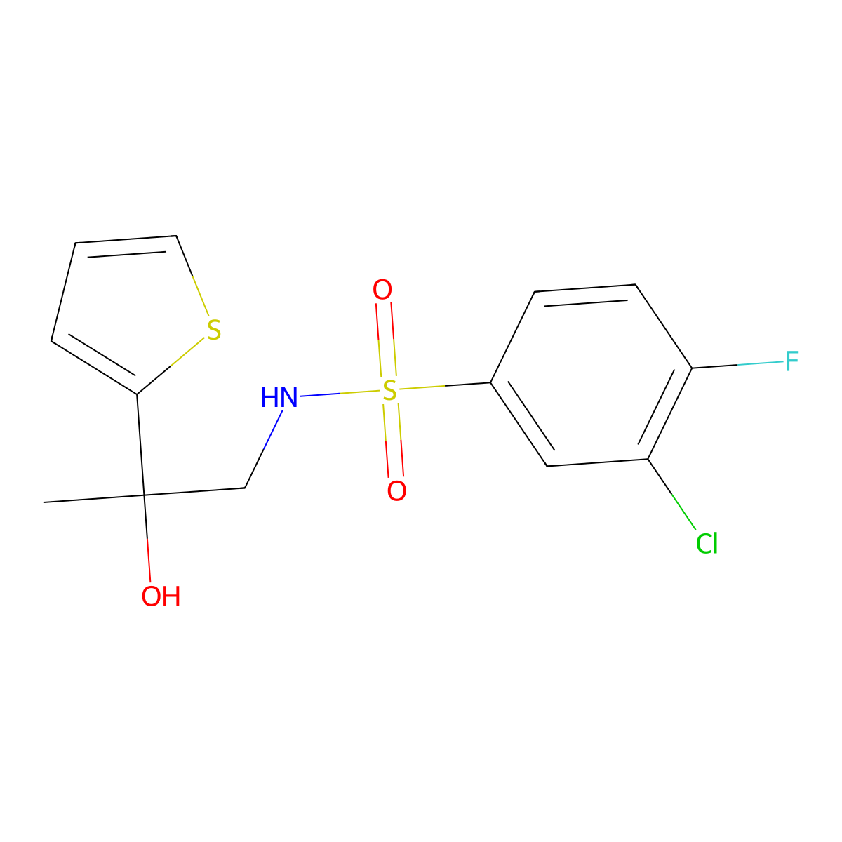 3-chloro-4-fluoro-N-(2-hydroxy-2-(thiophen-2-yl)propyl)benzenesulfonamide molecular structure, CAS 1351618-33-1