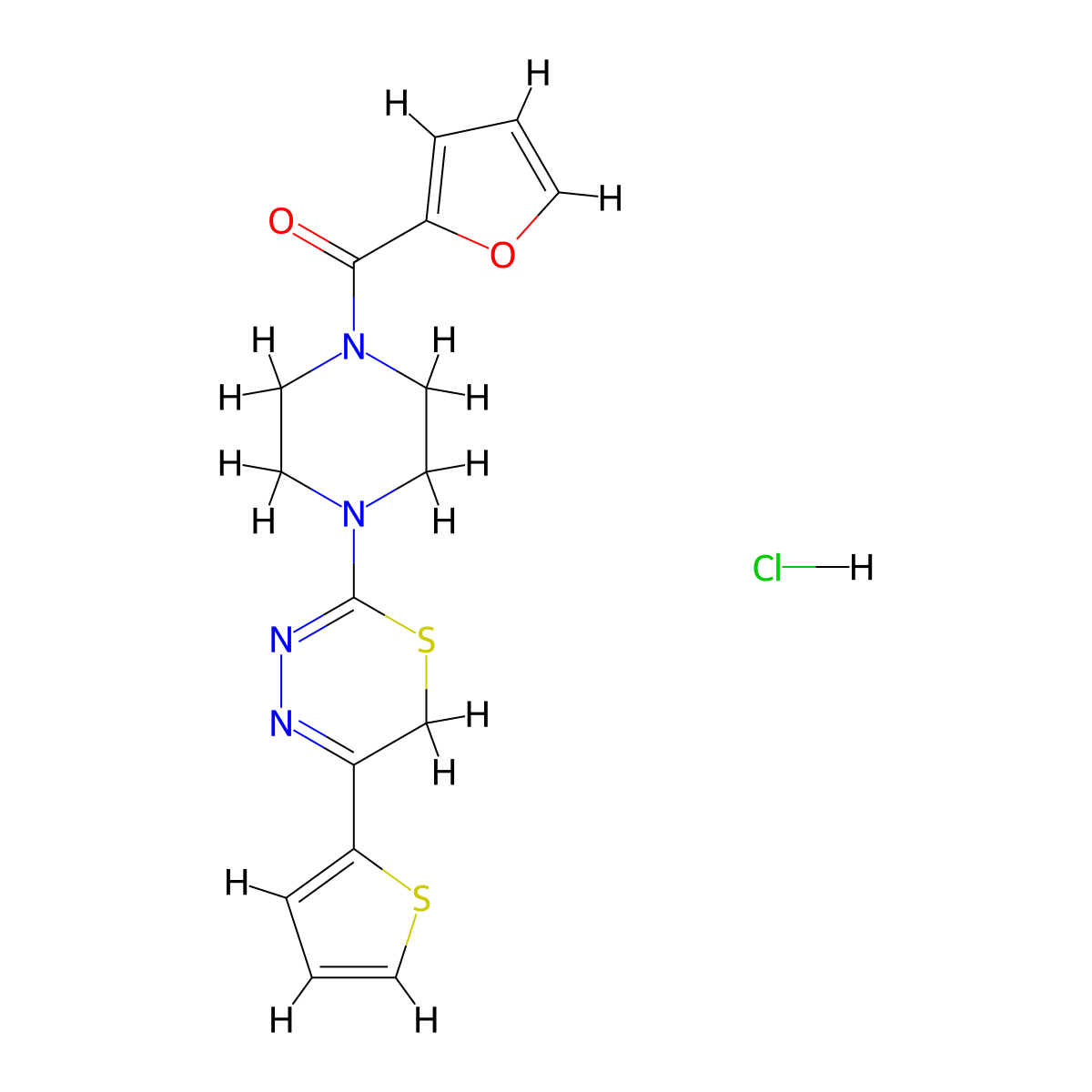 furan-2-yl(4-(5-(thiophen-2-yl)-6H-1,3,4-thiadiazin-2-yl)piperazin-1-yl)methanone hydrochloride molecular structure, CAS 1351618-37-5