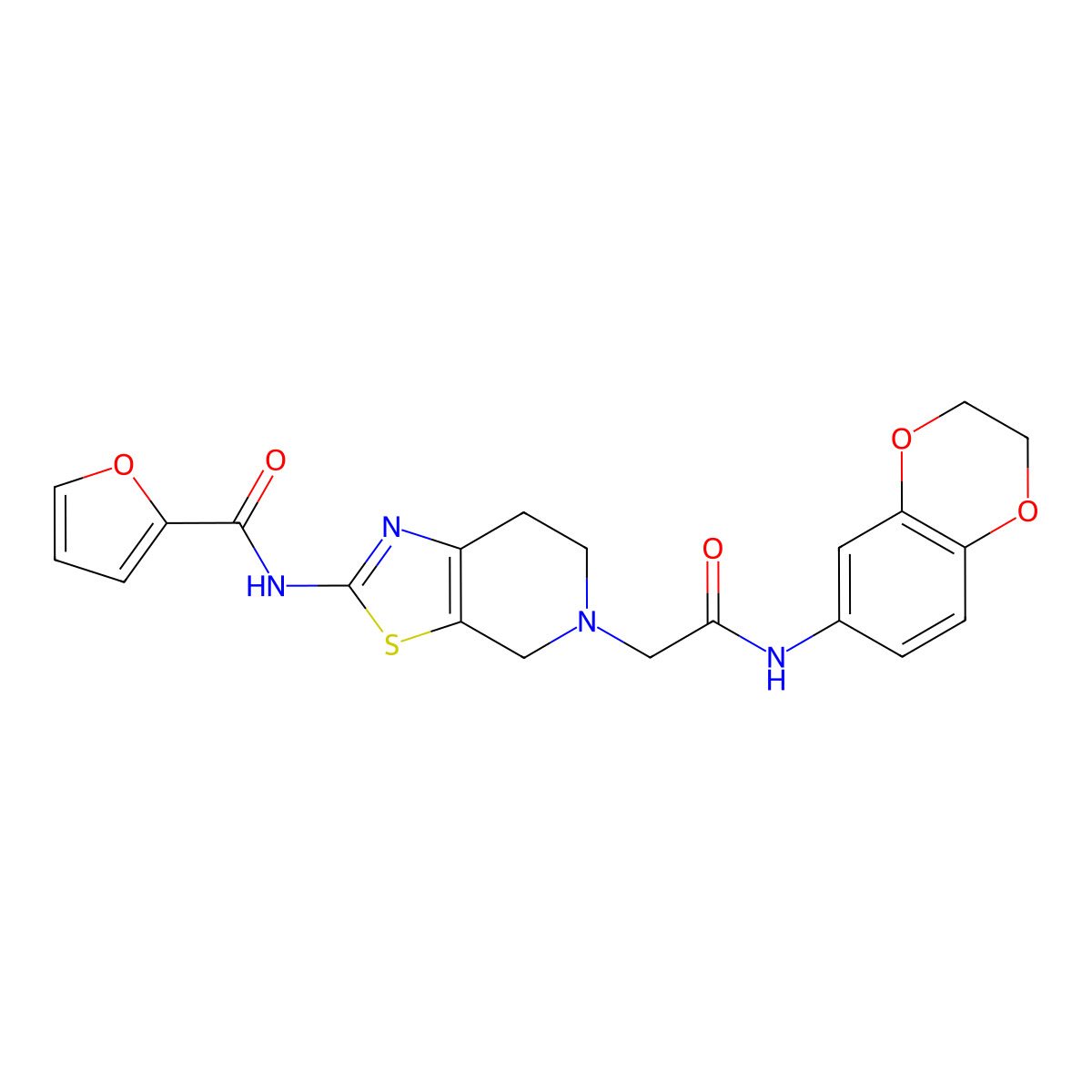 N-(5-(2-((2,3-dihydrobenzo[b][1,4]dioxin-6-yl)amino)-2-oxoethyl)-4,5,6,7-tetrahydrothiazolo[5,4-c]pyridin-2-yl)furan-2-carboxamide molecular structure, CAS 1351618-56-8