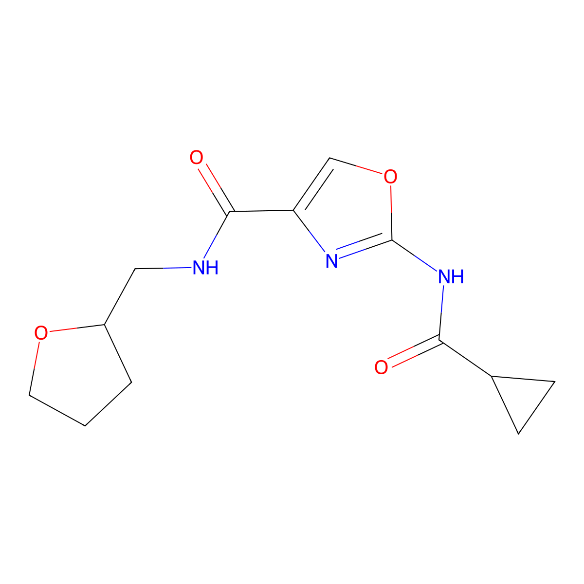 2-(cyclopropanecarboxamido)-N-((tetrahydrofuran-2-yl)methyl)oxazole-4-carboxamide molecular structure, CAS 1351618-68-2